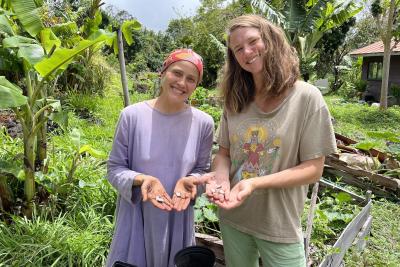 Elena Rose, steward of Earthsong, with Charlotte Reedy, nomad and permaculture enthusiast.